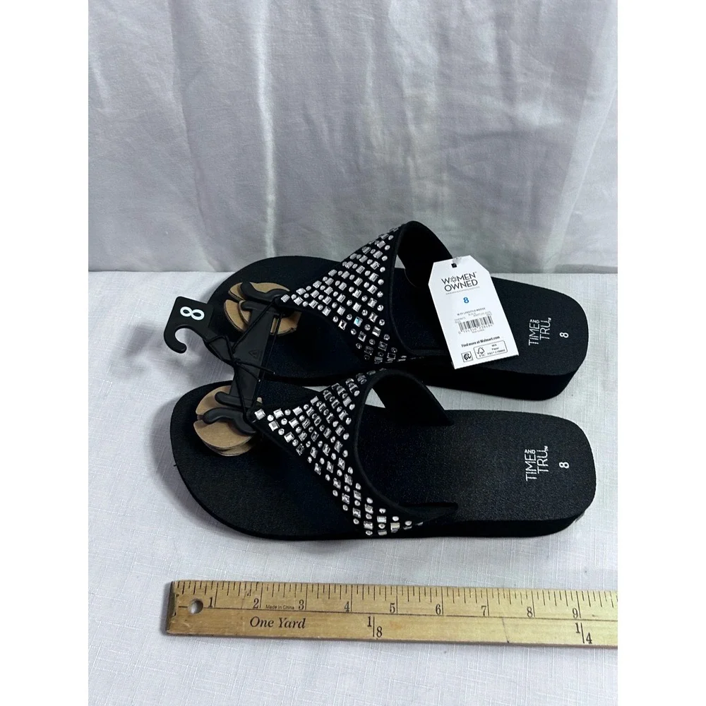 Time and Tru Lifestyle Wedge 8 Black Rhinestone Platform Sandals Women